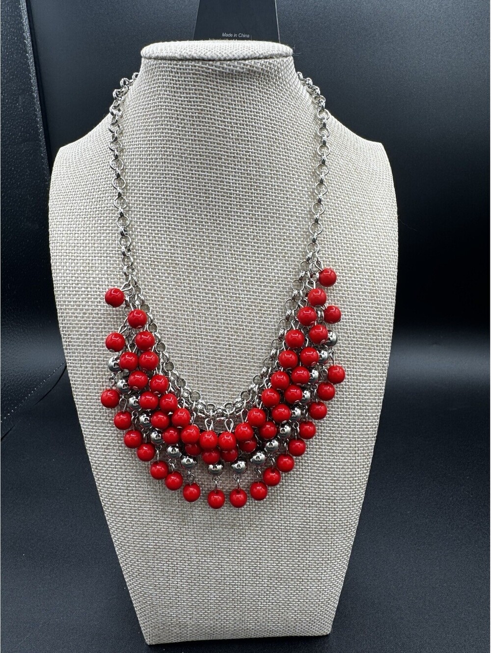 Paparazzi Red Beaded Statement Bib Necklace Earrings Set Silver Tone Layered NWT